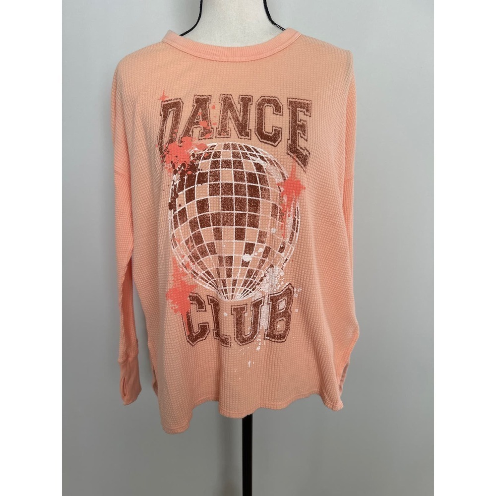 Offline by Aerie Womens Waffle Knit "Dance Club" Long Sleeve T Shirt Peach M NWT